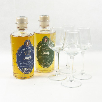 SIBONA BOX VASSOIO 1 GRAPPA RISERVA BOTTI DA RUM + 1 GRAPPA RISERVA BOTTI DA MADEIRA + 4 BICCHIERI