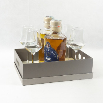 SIBONA BOX VASSOIO 1 GRAPPA RISERVA BOTTI DA RUM + 1 GRAPPA RISERVA BOTTI DA MADEIRA + 4 BICCHIERI
