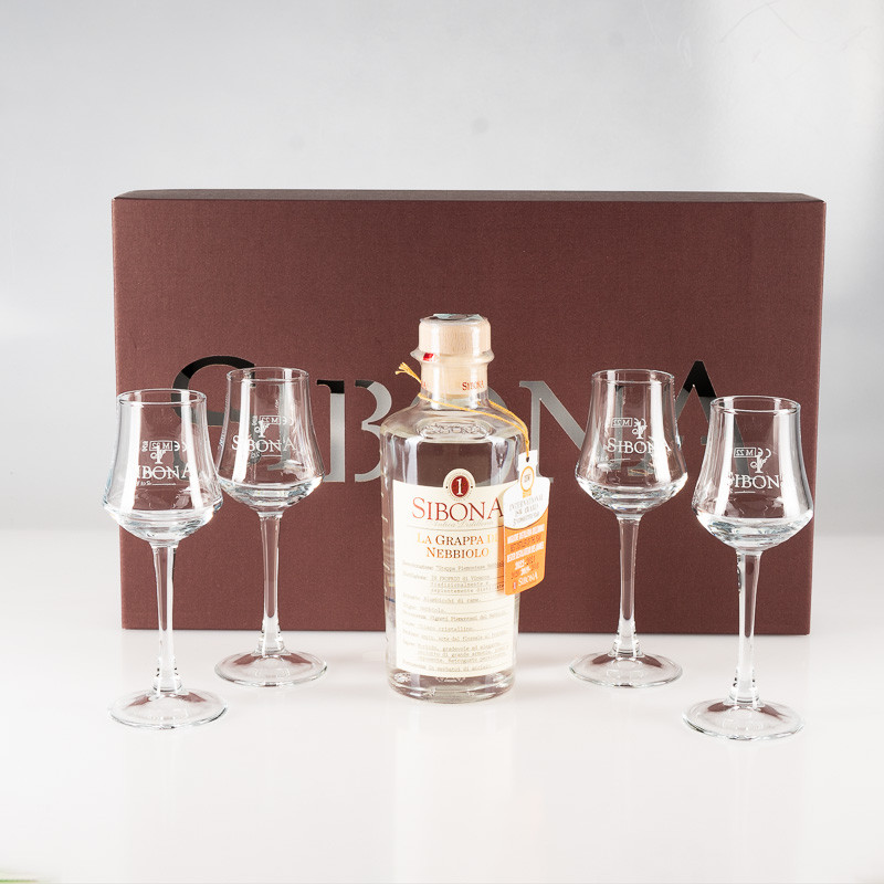 POKER SIBONA 1 GRAPPA NEBBIOLO 0,5L + 4 BICCHIERI